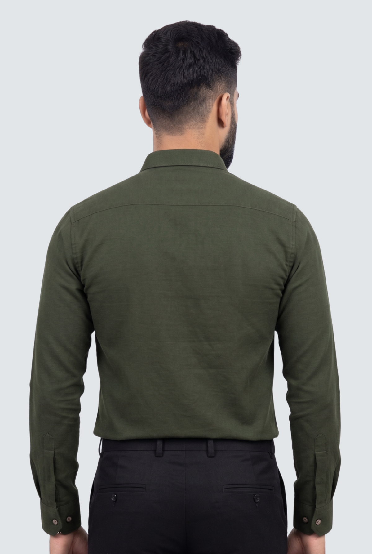 Men's back view dress shirt in dark green solid fabric, button cuffs