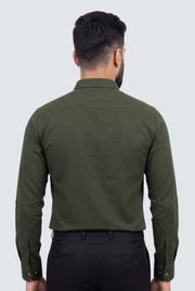 Men's back view dress shirt in dark green solid fabric, button cuffs