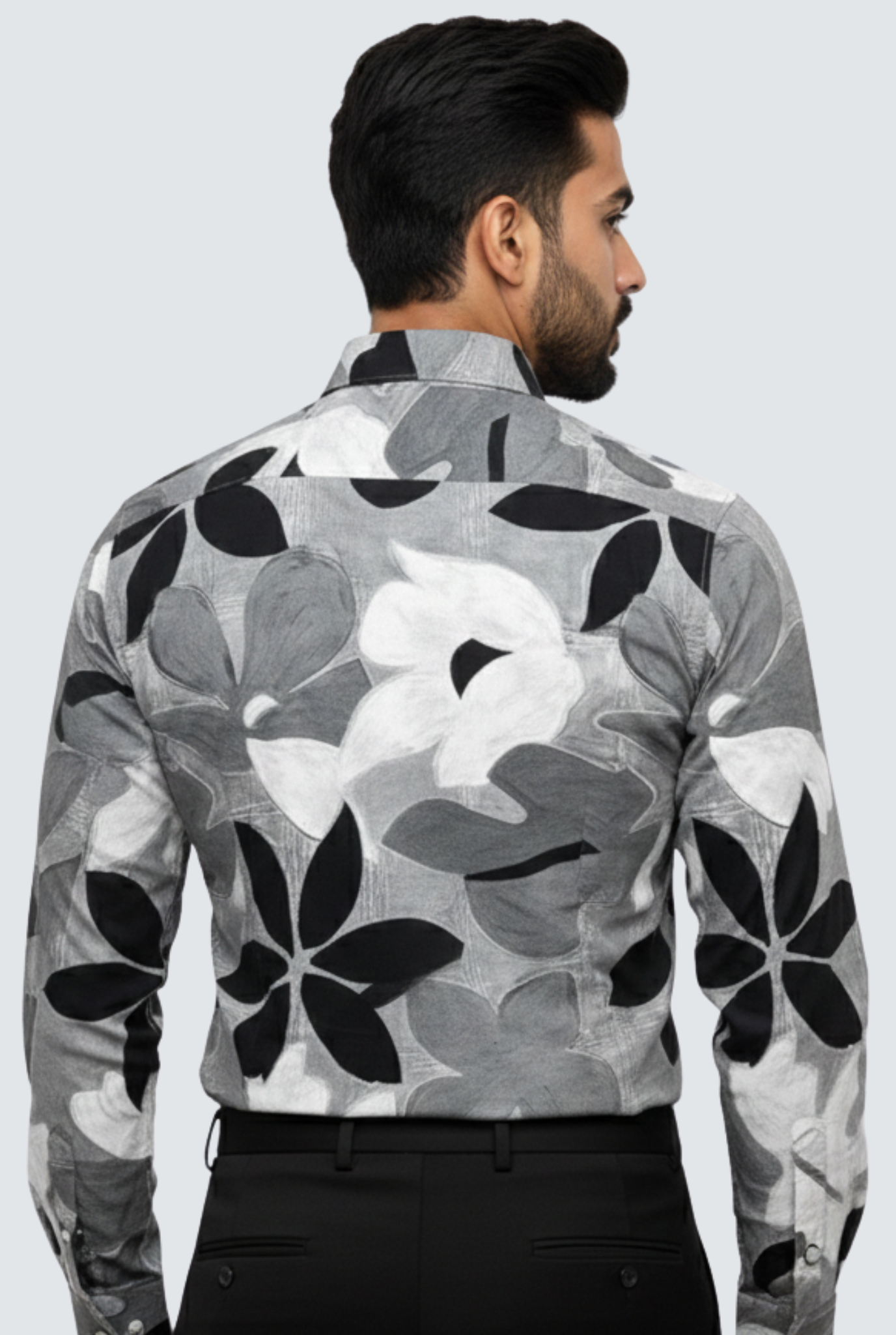 Men’s Satin Printed Shirt – Grey & Black Floral Design( 1798)
