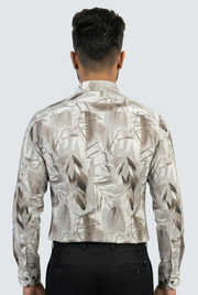 Men's leaf-print cotton shirt, button closure and full back view