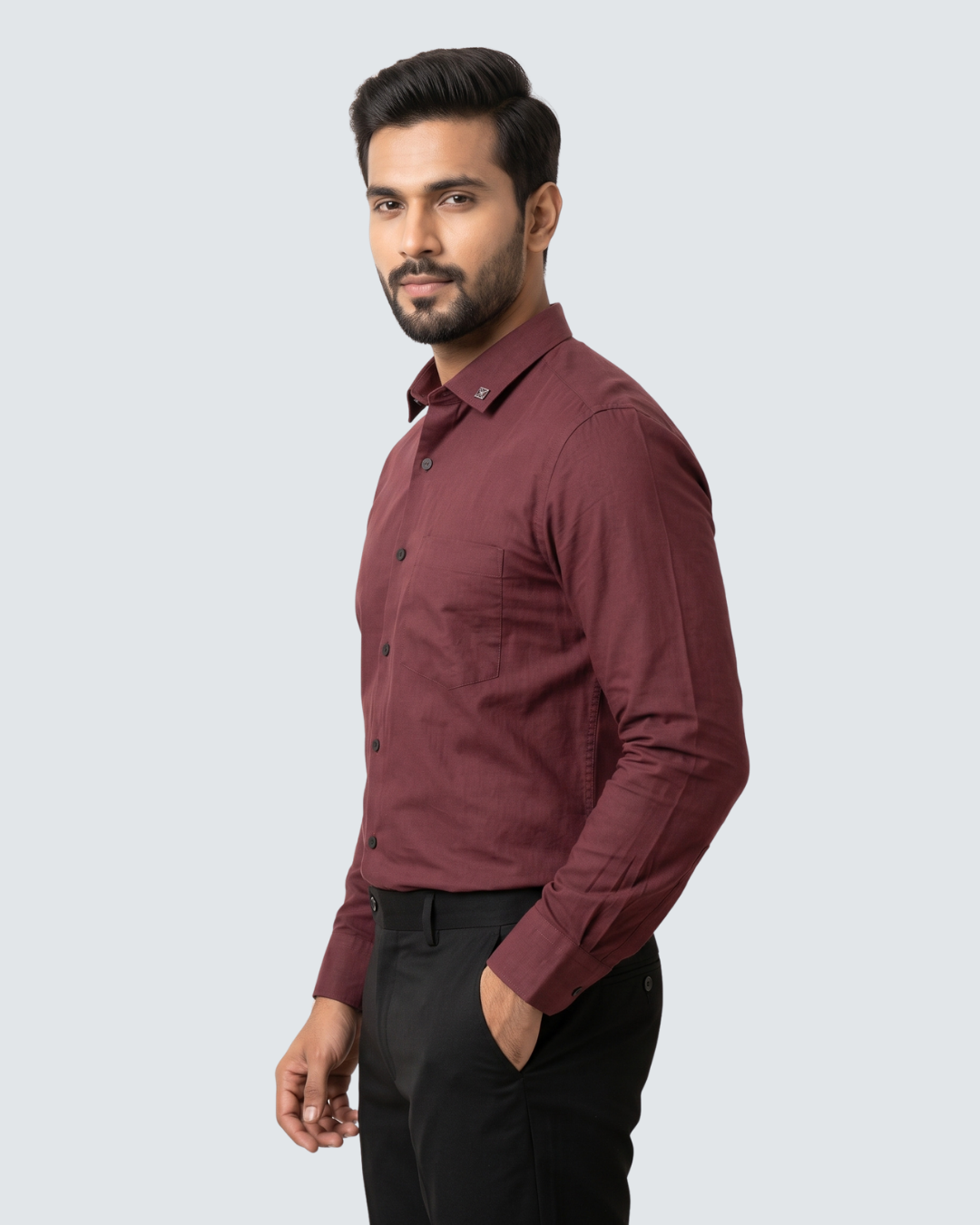 Maroon cotton button-up shirt, side view, long sleeves and button front