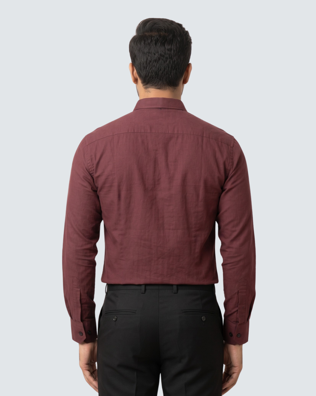 Maroon cotton button-up shirt, back view with long sleeves and button back