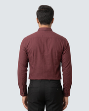 Maroon cotton button-up shirt, back view with long sleeves and button back
