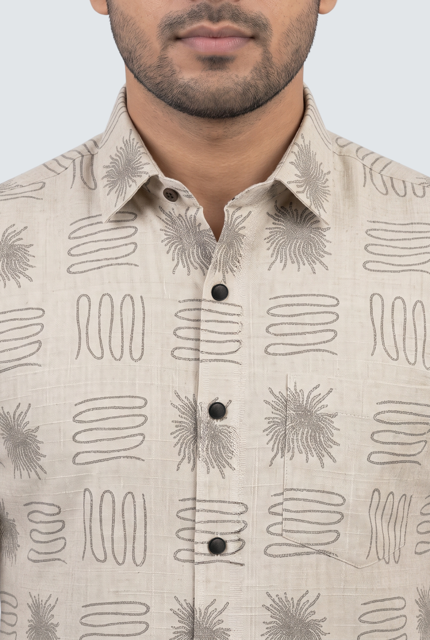 Men’s Cream Printed Cotton Dobby Shirt-(1858)