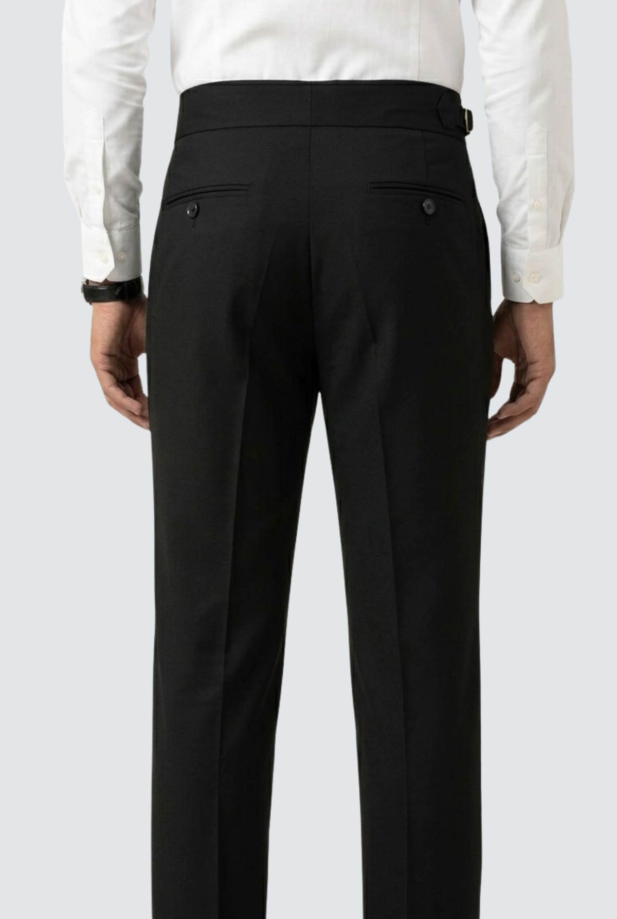 Men's black trousers with waistband and rear pockets, straight leg design