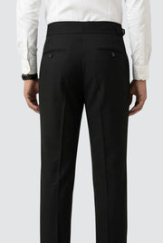 Men's black trousers with waistband and rear pockets, straight leg design