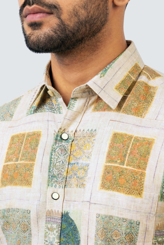 Cream Natural Linen Floral Digital Print Shirt (1767)