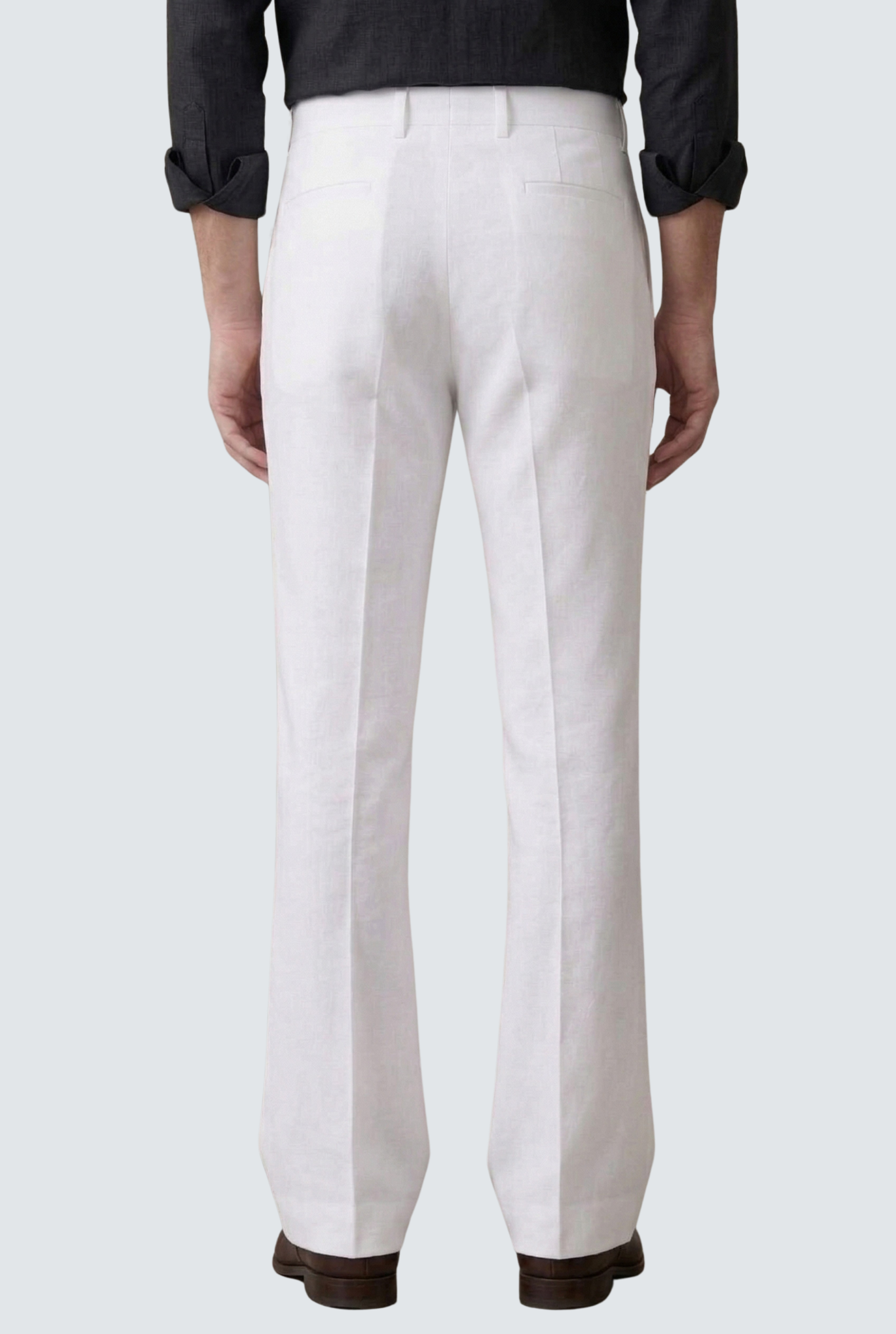 Men's white bootcut trousers with back yoke seam and belt loops