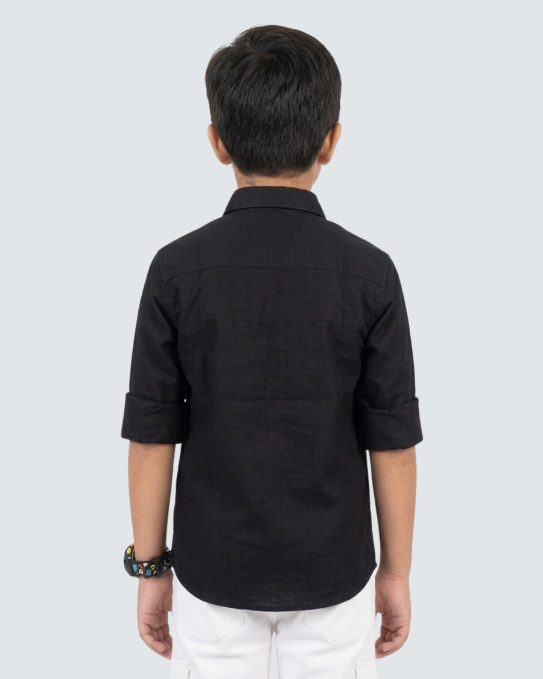 Boys black cotton button-up shirt, back view