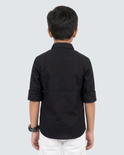 Boys black cotton button-up shirt, back view