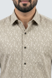 Men's fawn dobby cotton shirt close-up of geometric pattern, button placket and collar