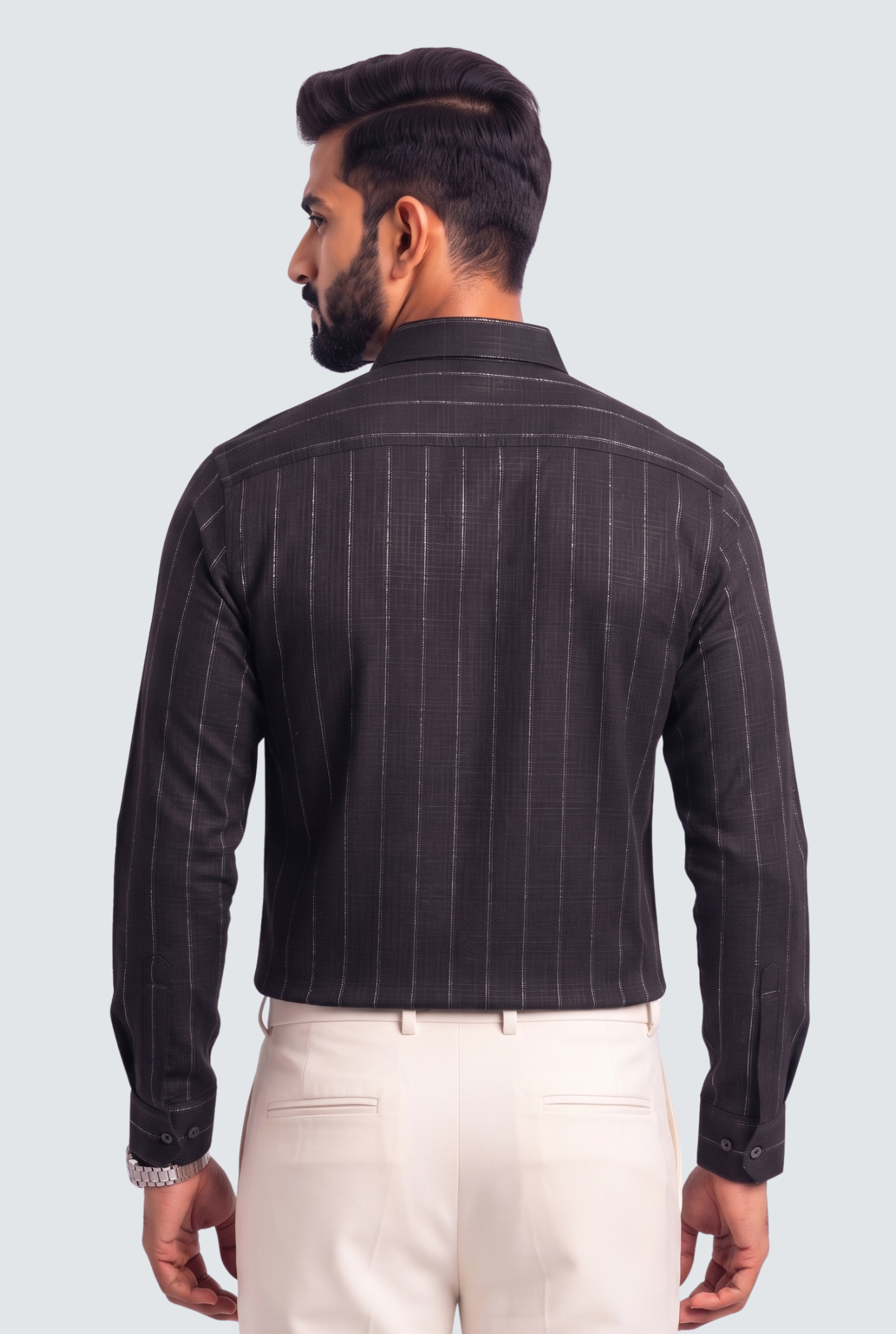 Men's black linen stripe shirt, back view, long sleeves and collar