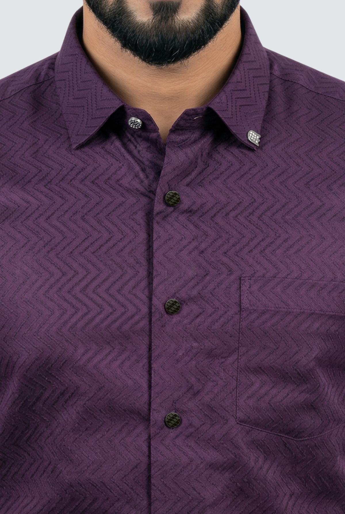 Men's purple dobby cotton shirt front, dark buttons and chest pocket