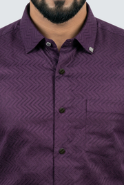 Men's purple dobby cotton shirt front, dark buttons and chest pocket