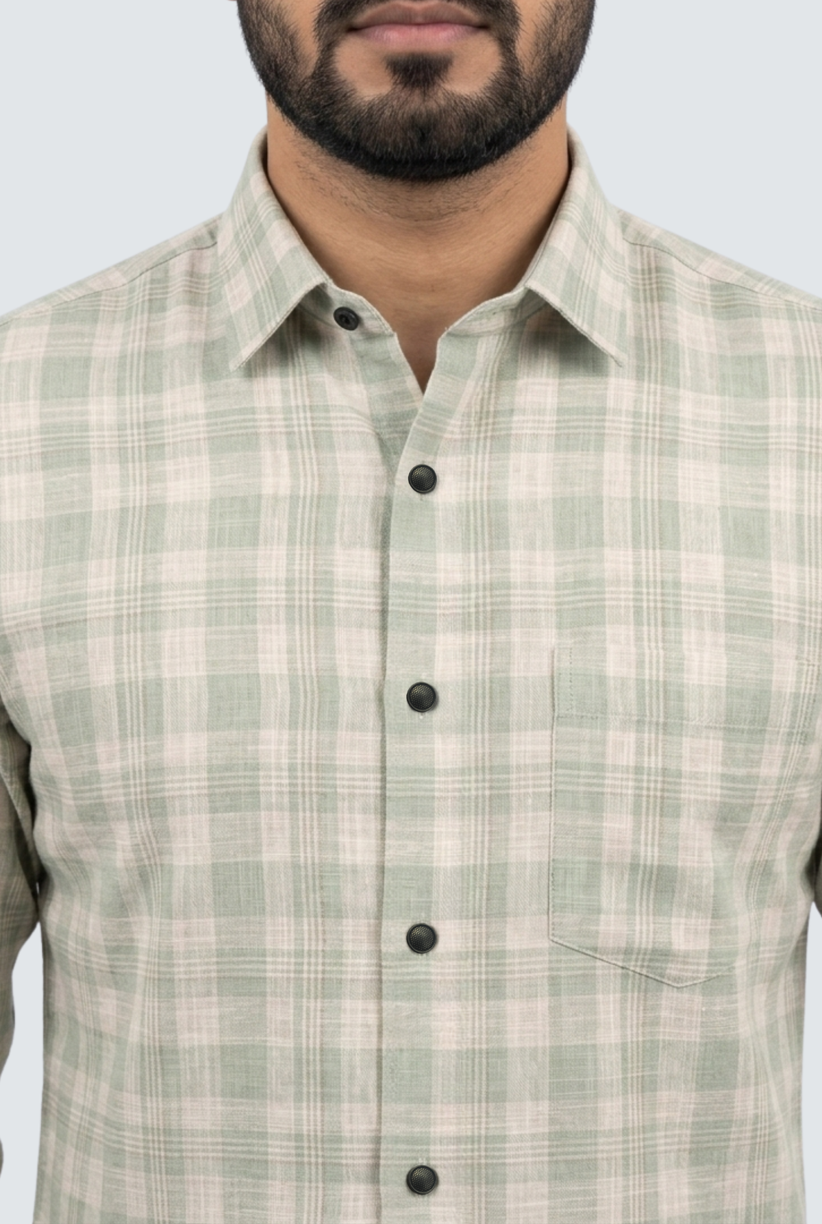 Linen casual shirt close-up, light green plaid, button-front and chest pocket