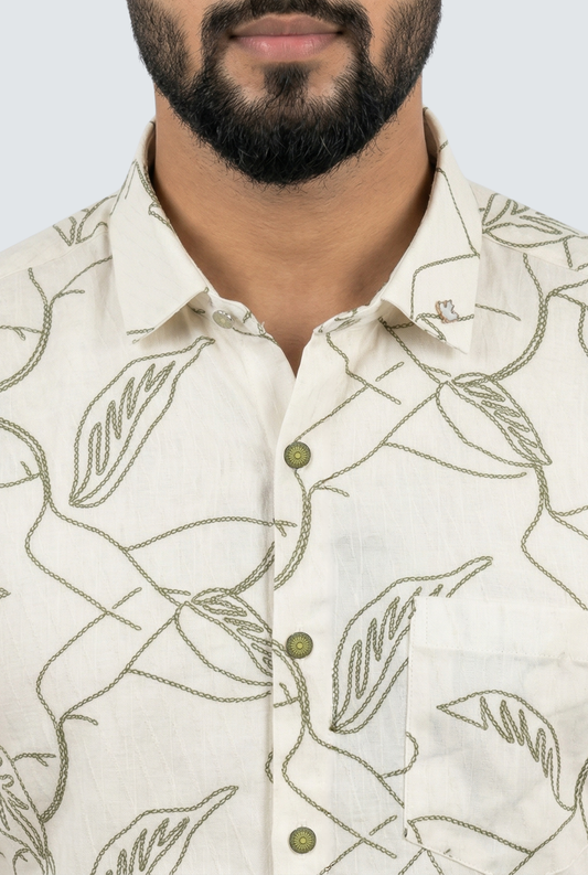 Men’s Cream Dobby Cotton Printed Shirt -(1838)