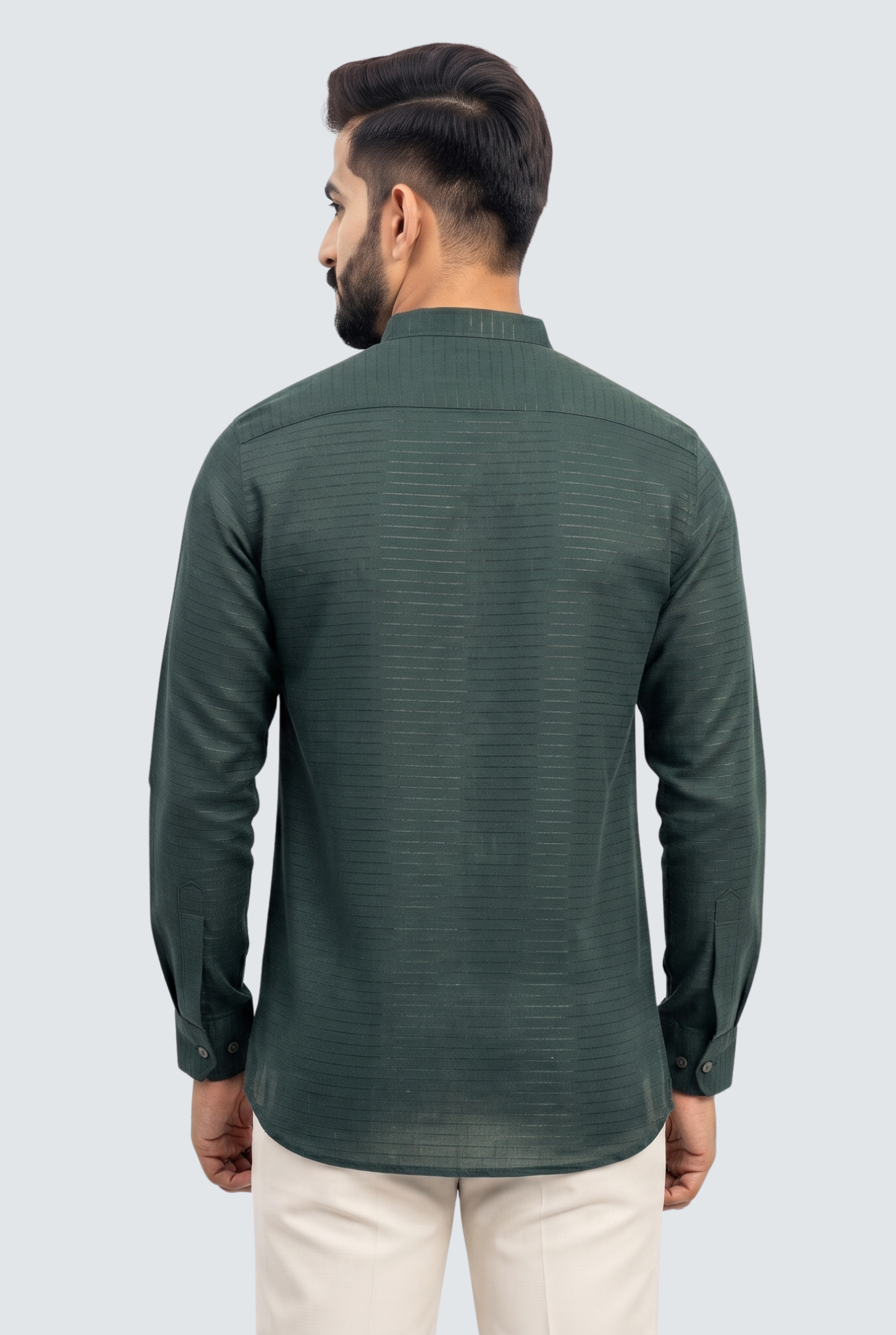 Men's bottle-green short kurta, back view with band collar and long sleeves