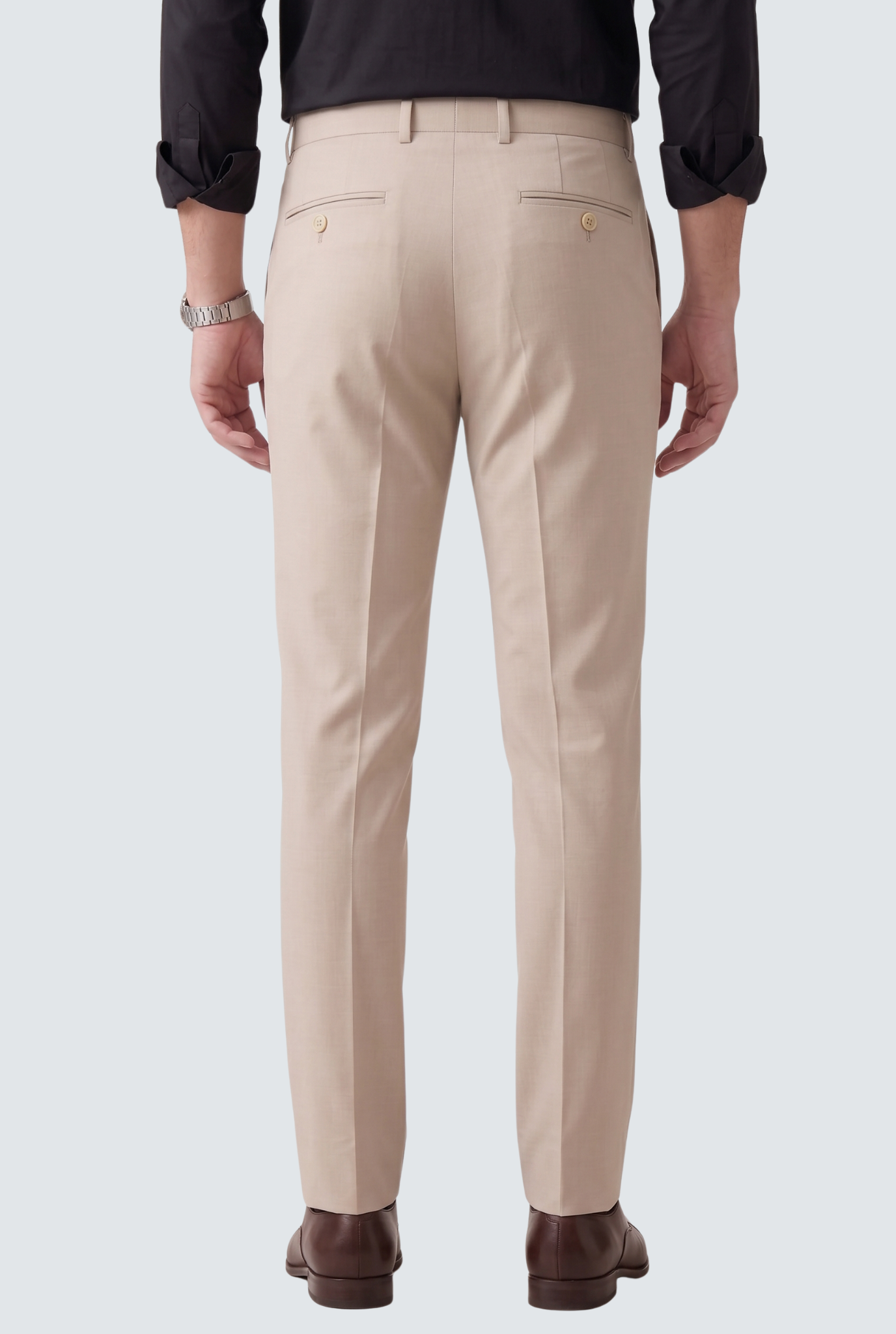 Men's fawn slim-fit regular trousers, back view, belt loops and back pockets