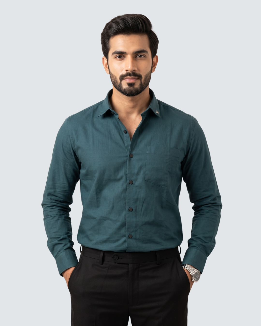 Men's teal button-down cotton shirt front view with pointed collar