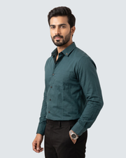 Men's teal button-down cotton shirt with long sleeves and chest pocket