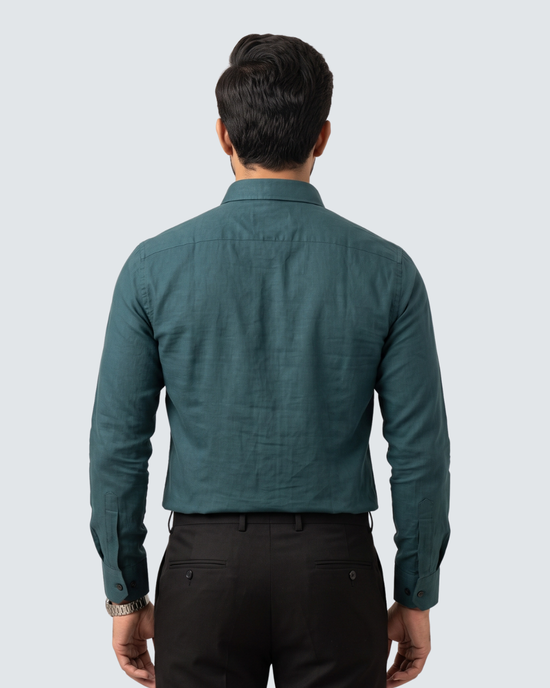 Men's teal button-down cotton shirt back view with long sleeves