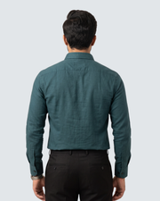 Men's teal button-down cotton shirt back view with long sleeves