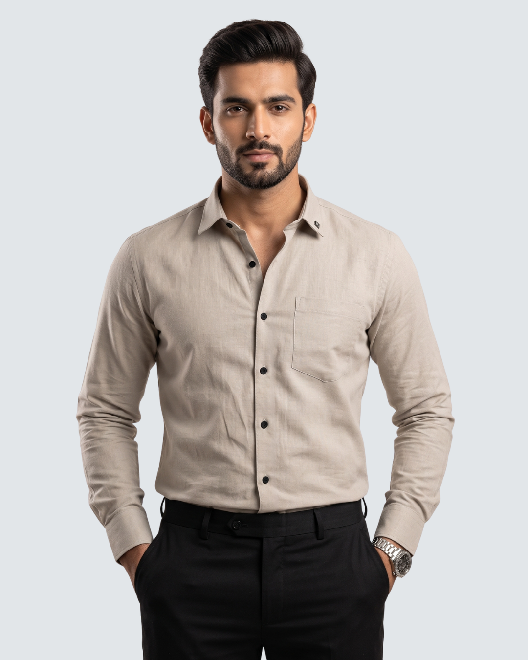 Fawn cotton button-up shirt with chest pocket, long sleeves