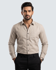Fawn cotton button-up shirt with chest pocket, long sleeves