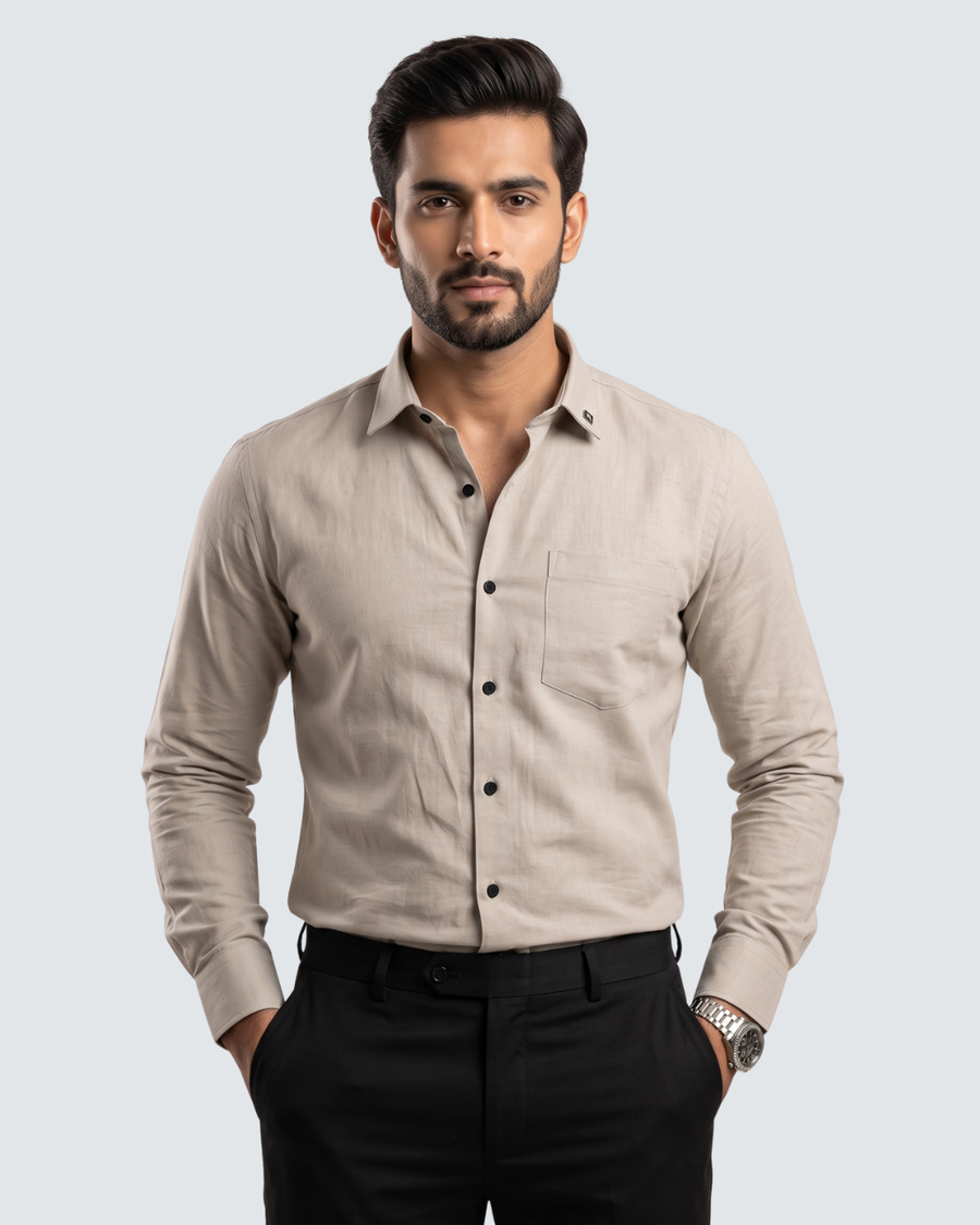 Fawn cotton button-up shirt with chest pocket, long sleeves