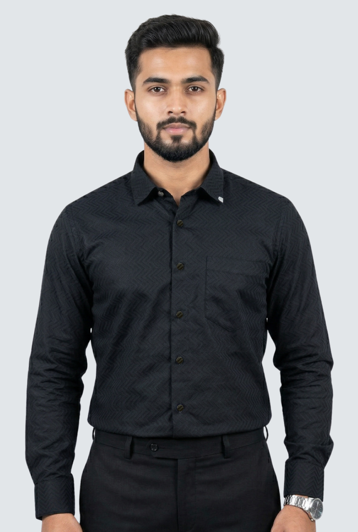 Men's black slim-fit dobby cotton shirt with button-up collar