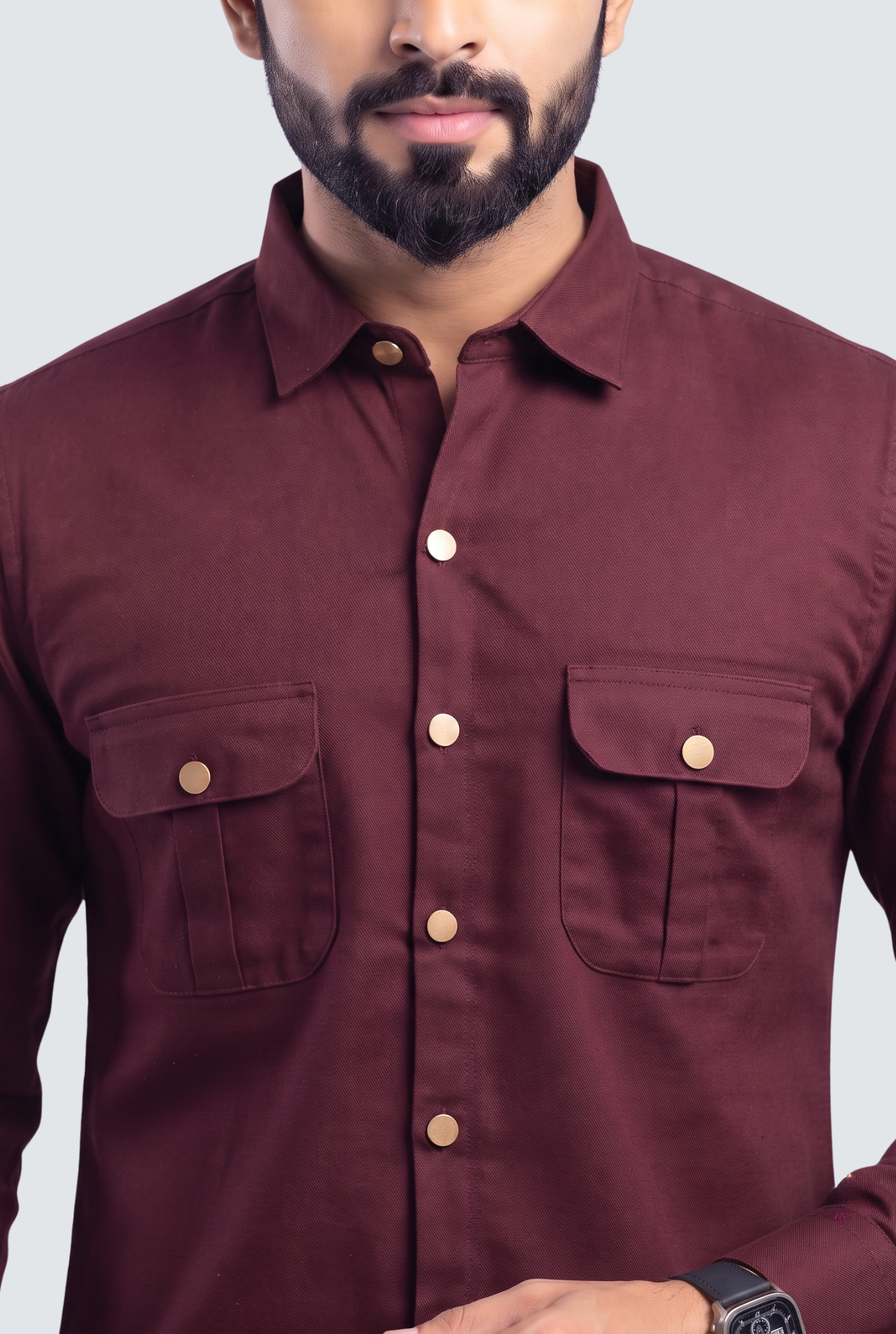 Men's Wine Cotton Lycra Double Pocket Full Sleeve Shirt-(1881)