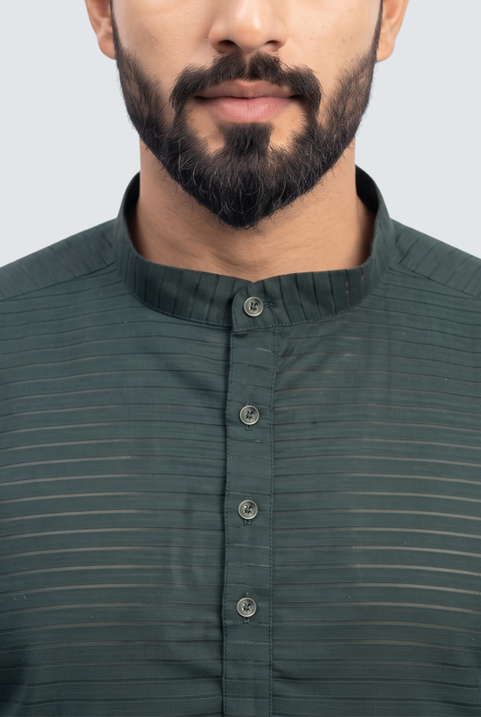 Bottle-green kurta neckline close-up with band collar and four-button placket