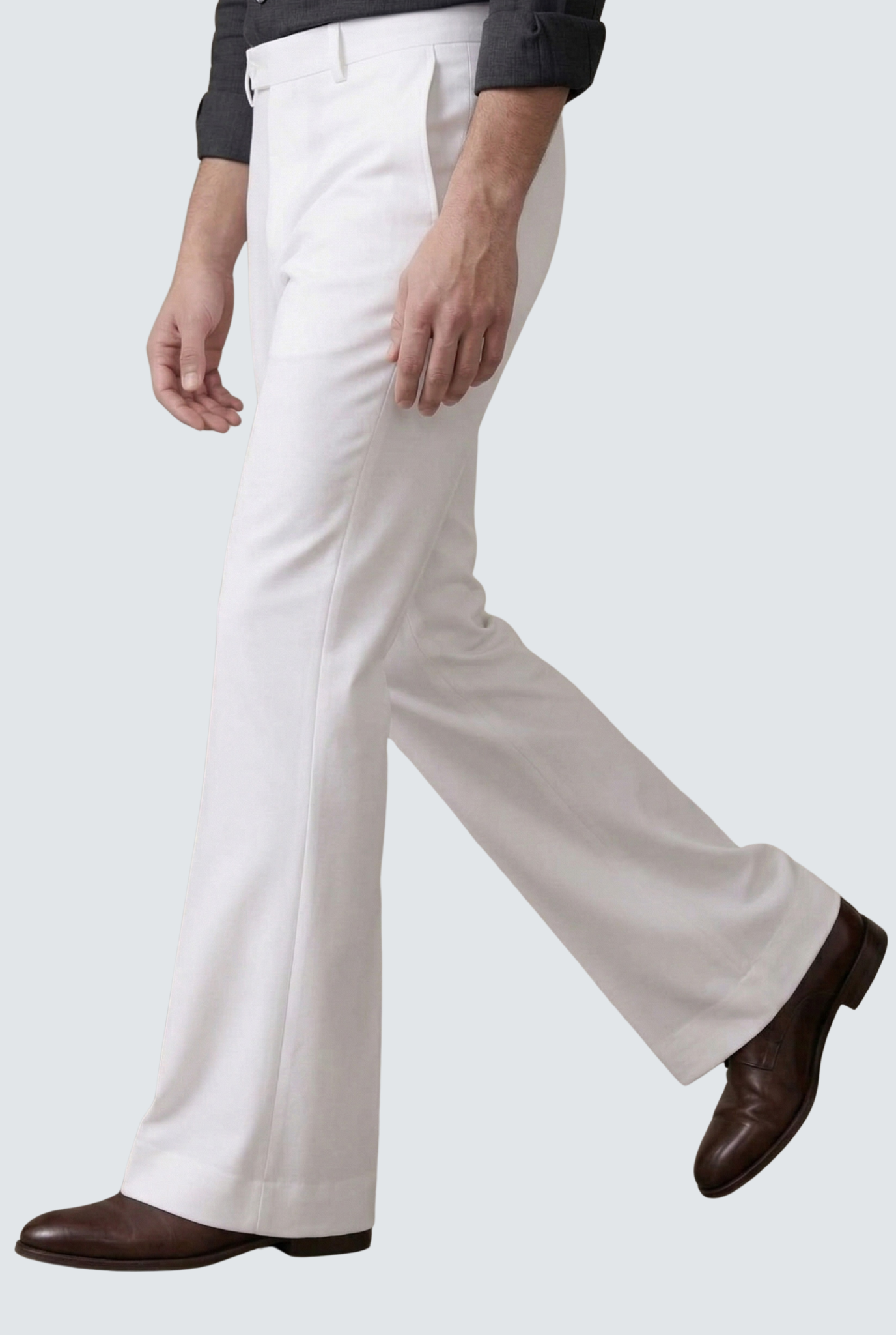 Men's white bootcut trousers with flat front, belt loops, and side pockets