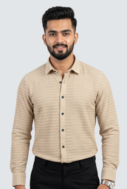 Men's fawn textured button-up full-sleeve shirt with pointed collar