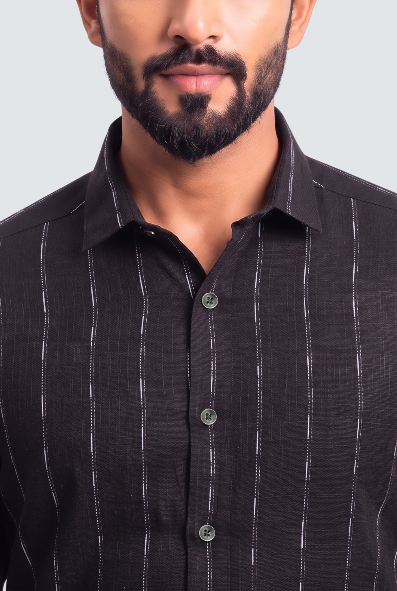 Black linen stripe shirt with open collar and round button placket