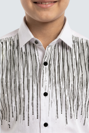 Kids white dress shirt close-up: black sequin vertical stripes and black button front