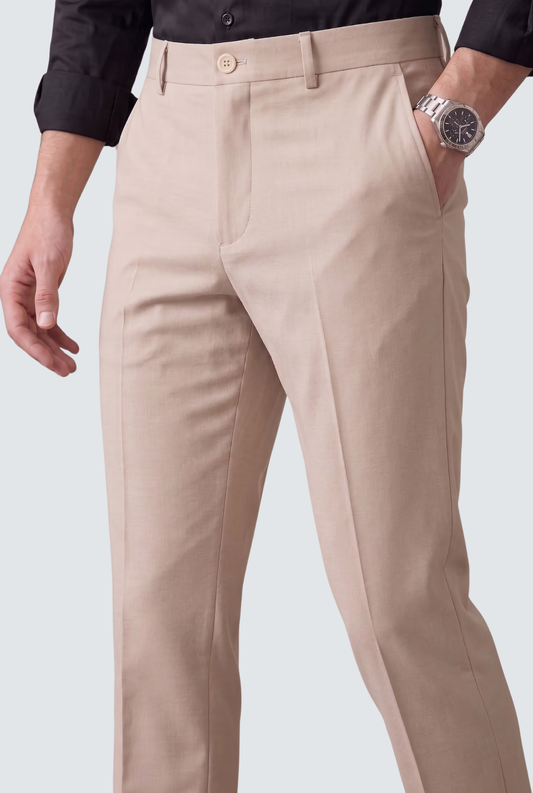 Men's fawn slim-fit regular trousers, close-up of waistband, button and belt loops