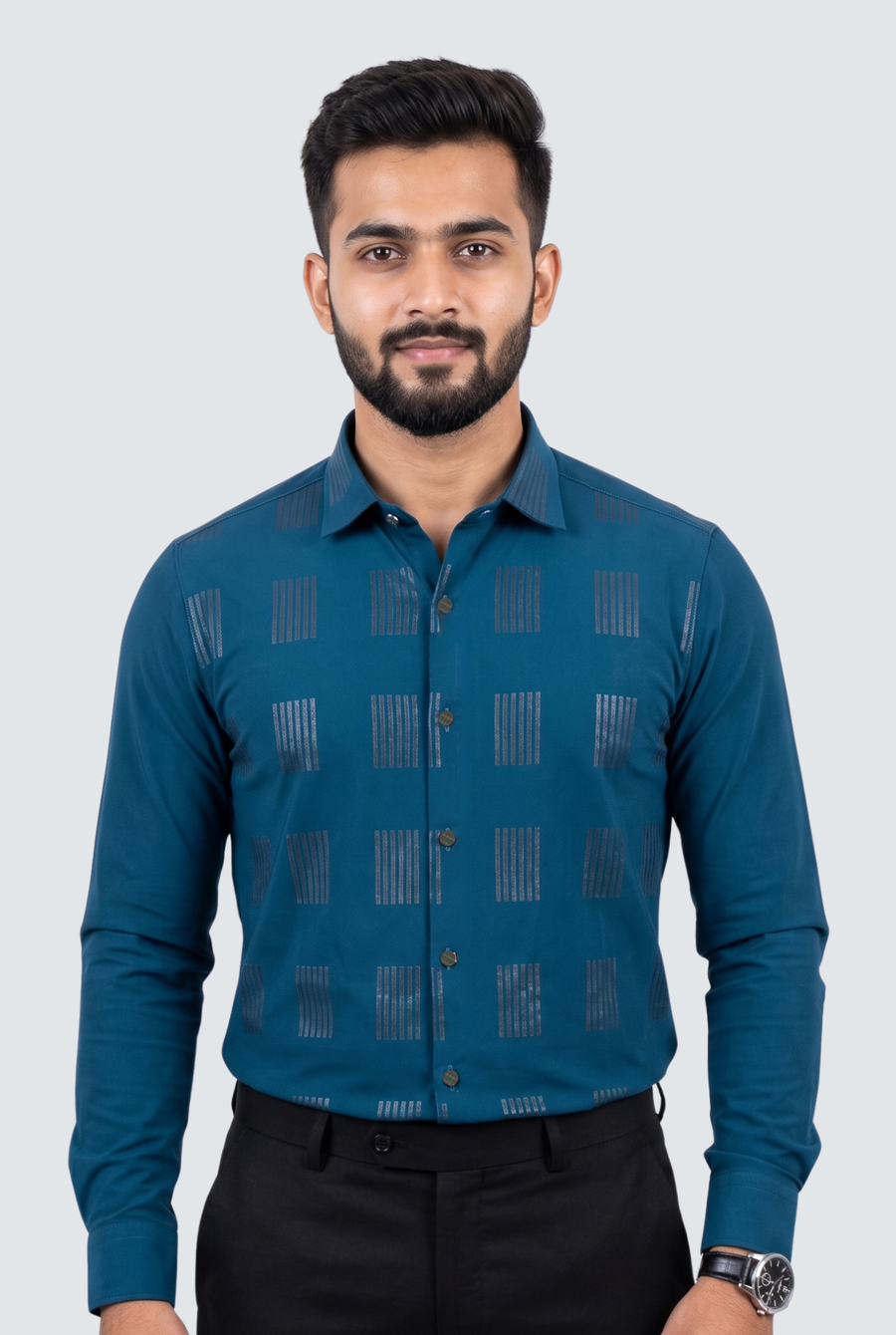 Men's teal blue textured casual shirt with geometric pattern, button front
