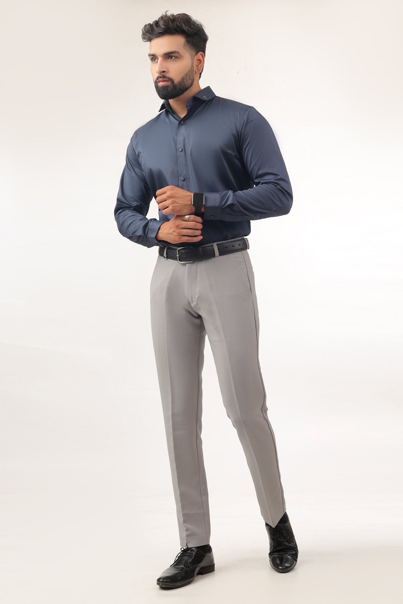 Navy Blue Satin Shirt formal party wear outfit