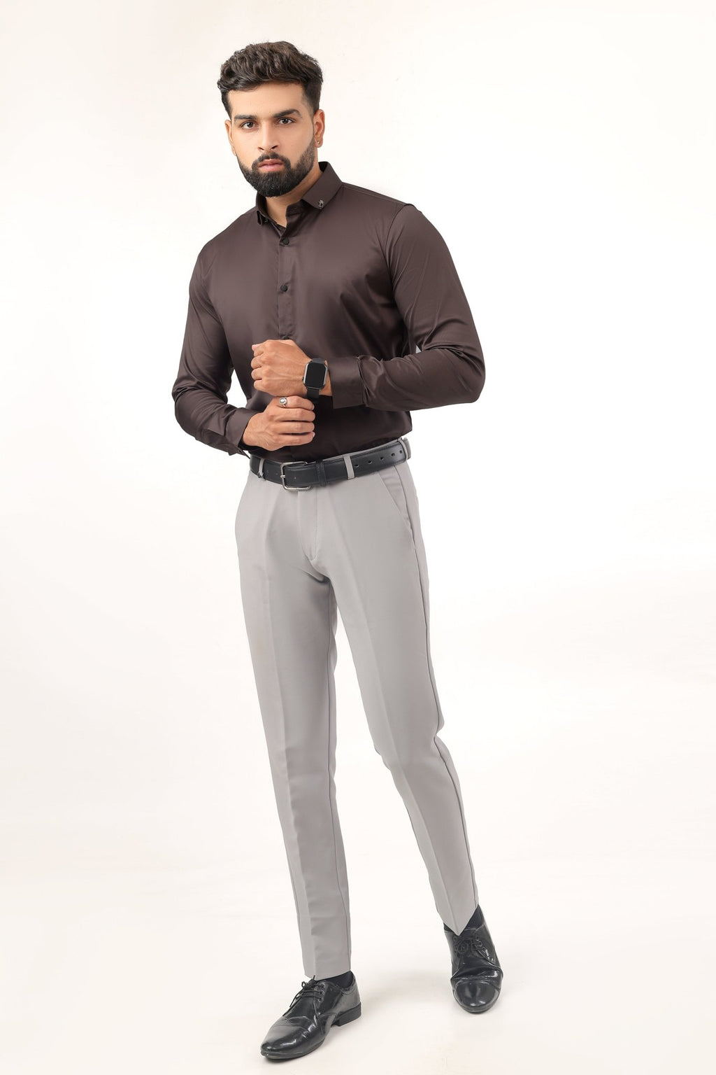 Brown Satin Shirt for Men – Slim Fit Full Front View