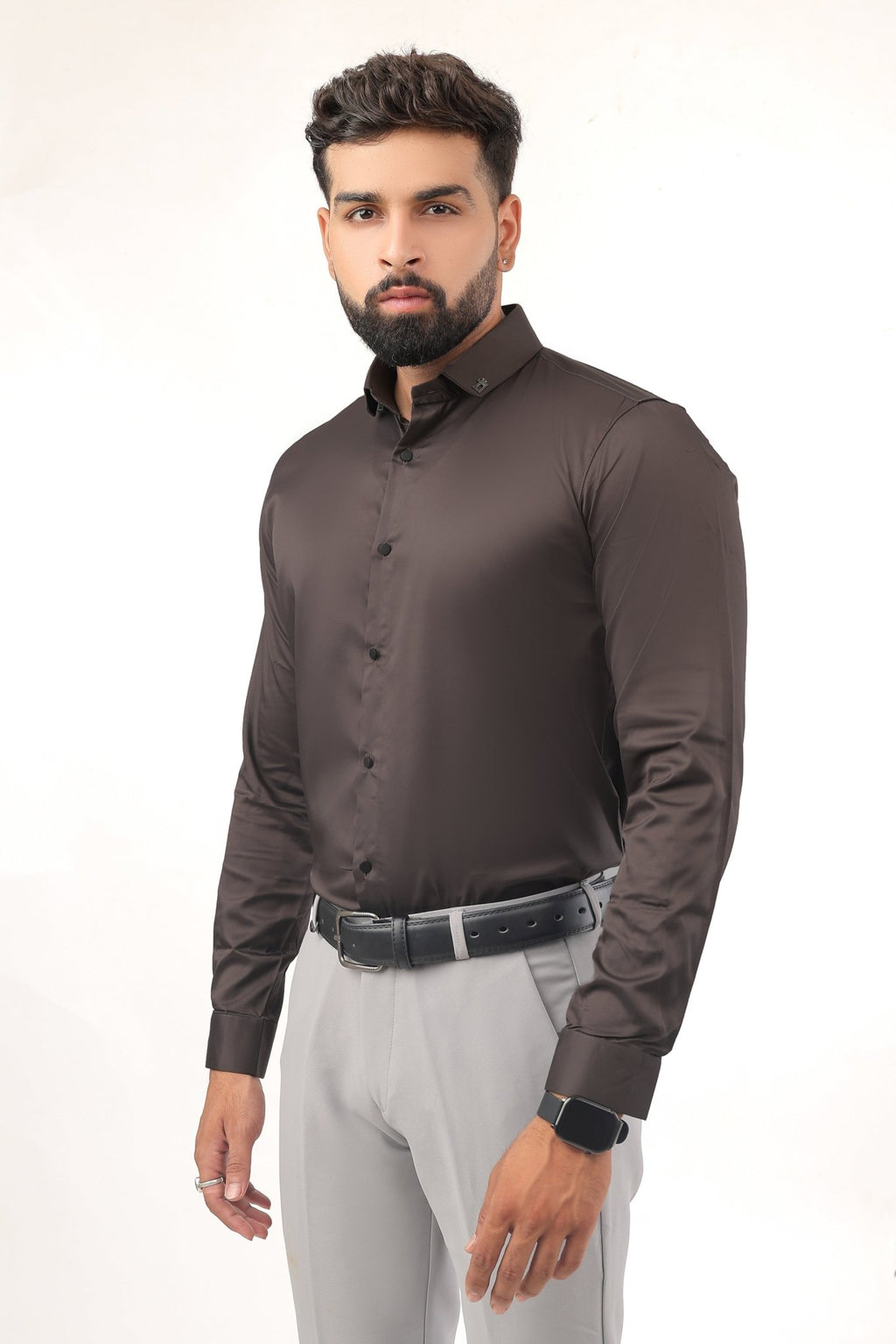 Brown Satin Shirt for Men – Side Profile View