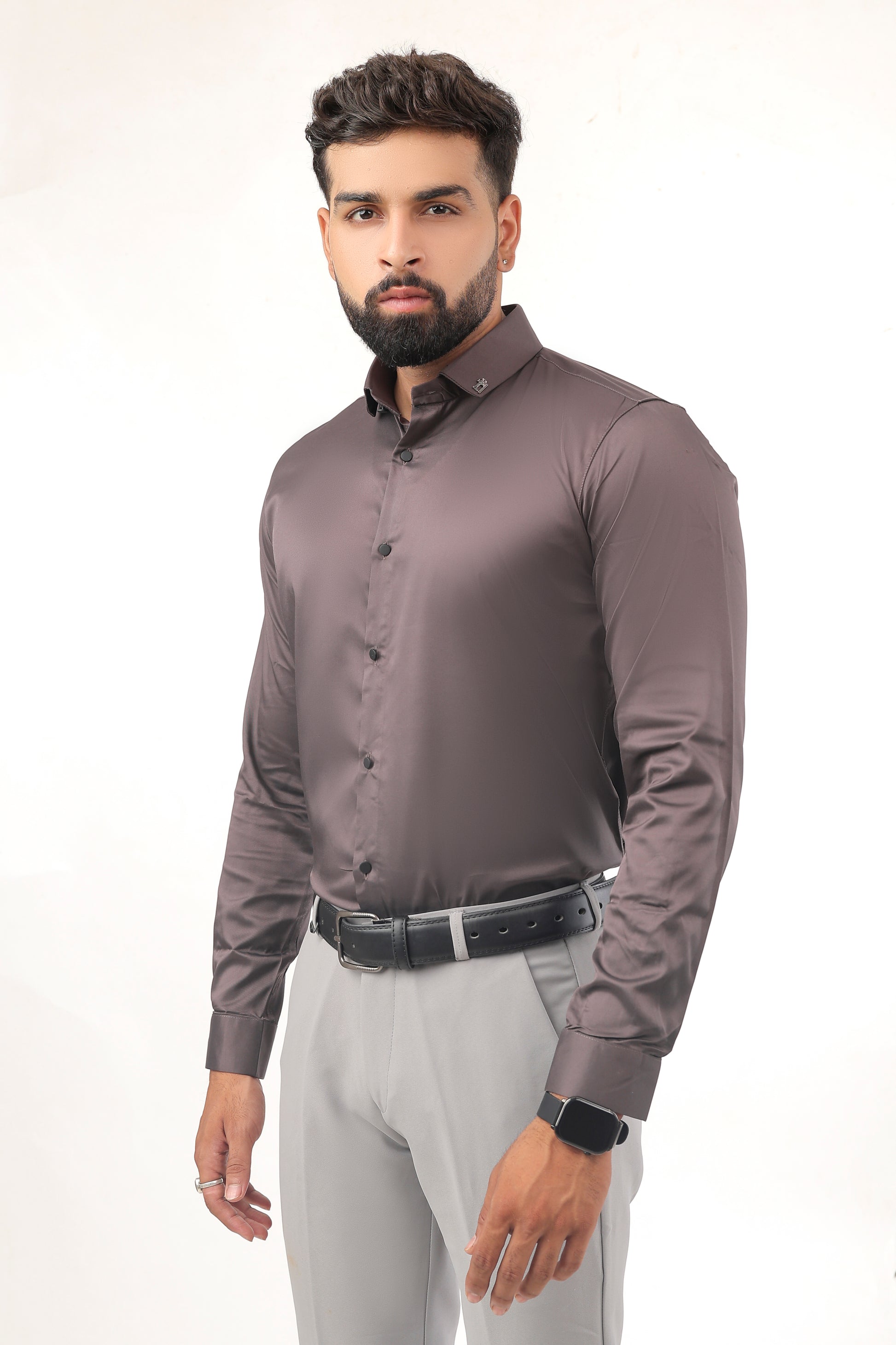 “Brown satin shirt for men stylish side pose – slim fit satin fabric”