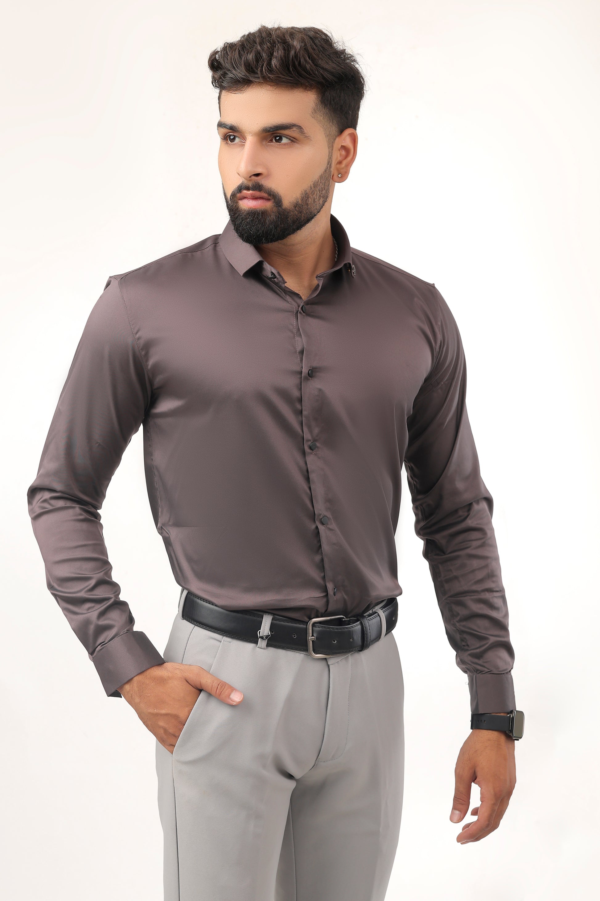 “Brown satin shirt for men stylish side pose – slim fit satin fabric”