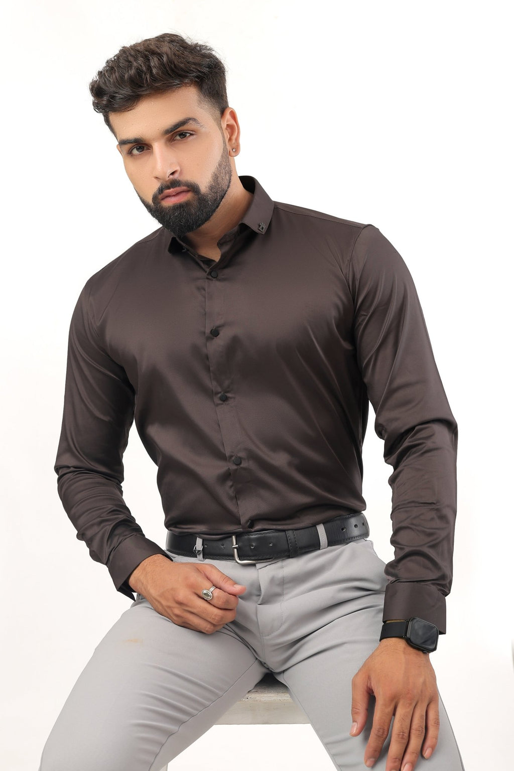 Brown Satin Shirt for Men – Slim Fit Full Front View