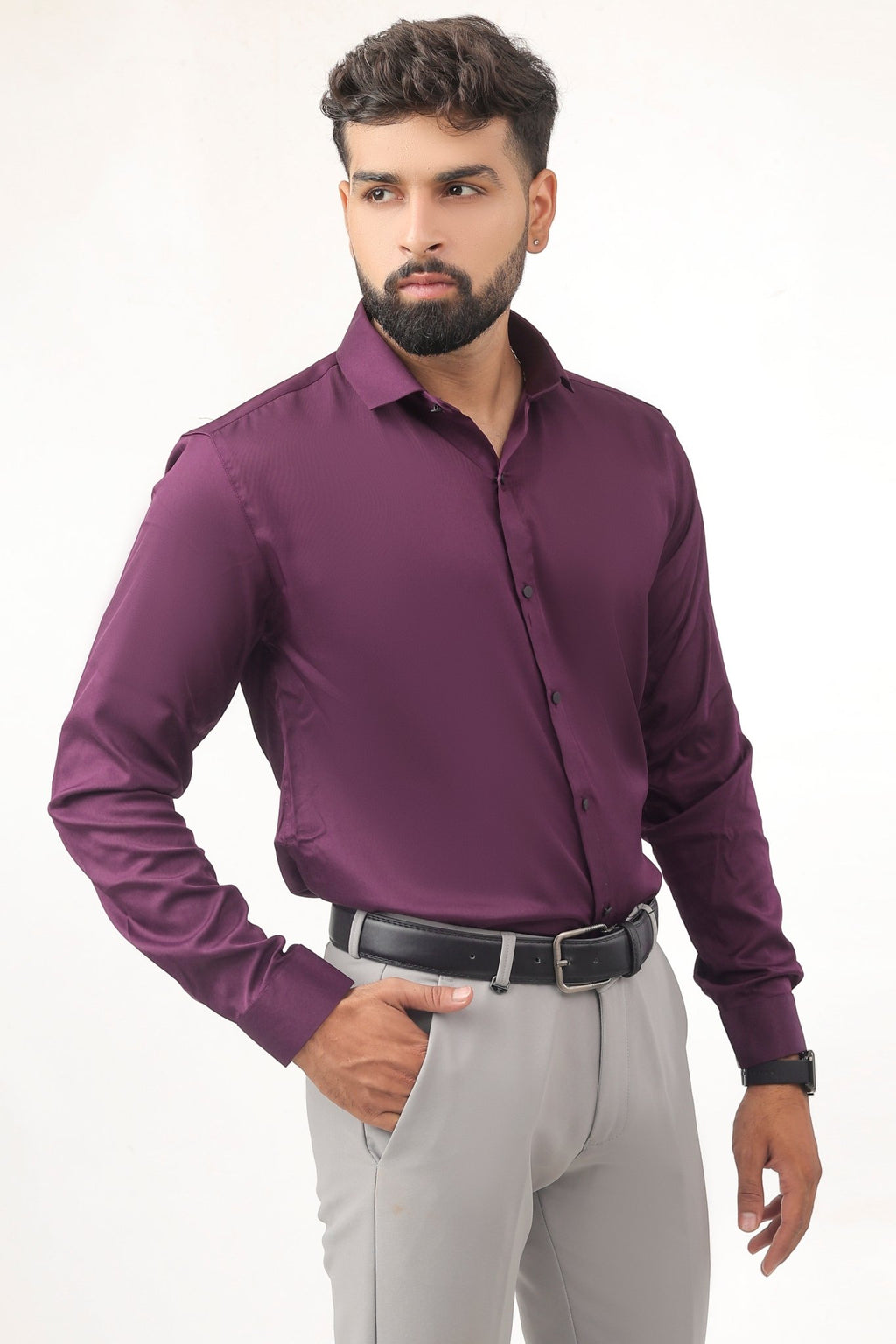 Purple Satin Shirt for Men – Side Profile View