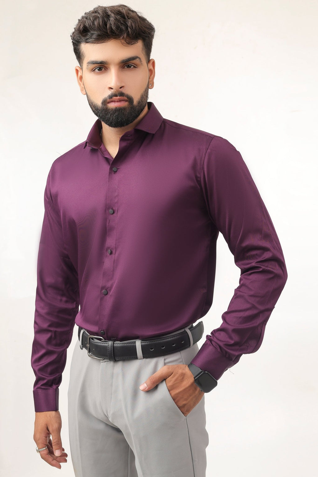 Purple Satin Shirt for Men – Side Profile View