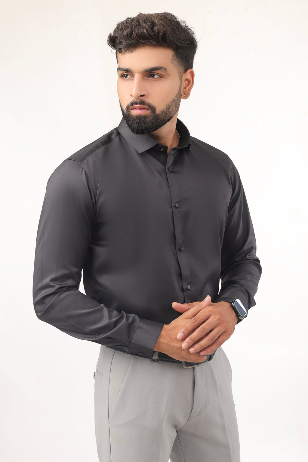Black Satin Shirt for Men – Side Profile View
