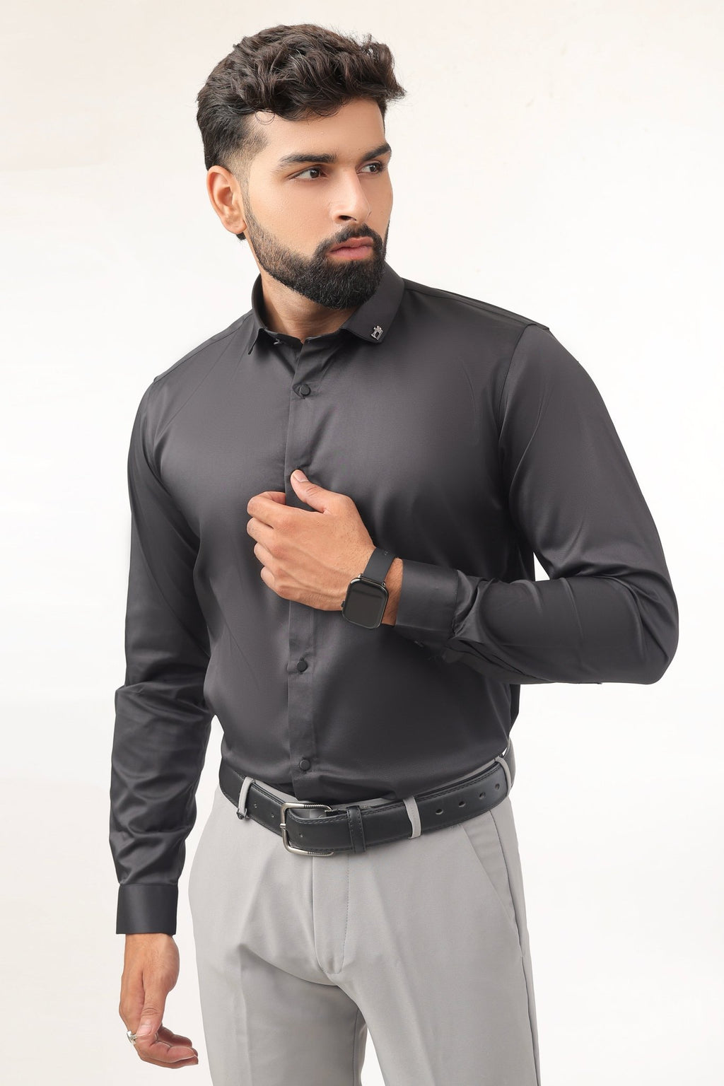 Black Satin Shirt for Men – Side Profile View