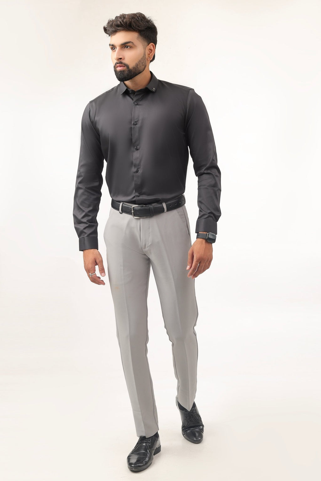 Black Satin Shirt for Men – Slim Fit Full Front View