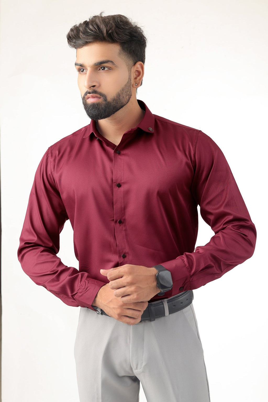 Maroon Satin Shirt for Men – Half Front View
